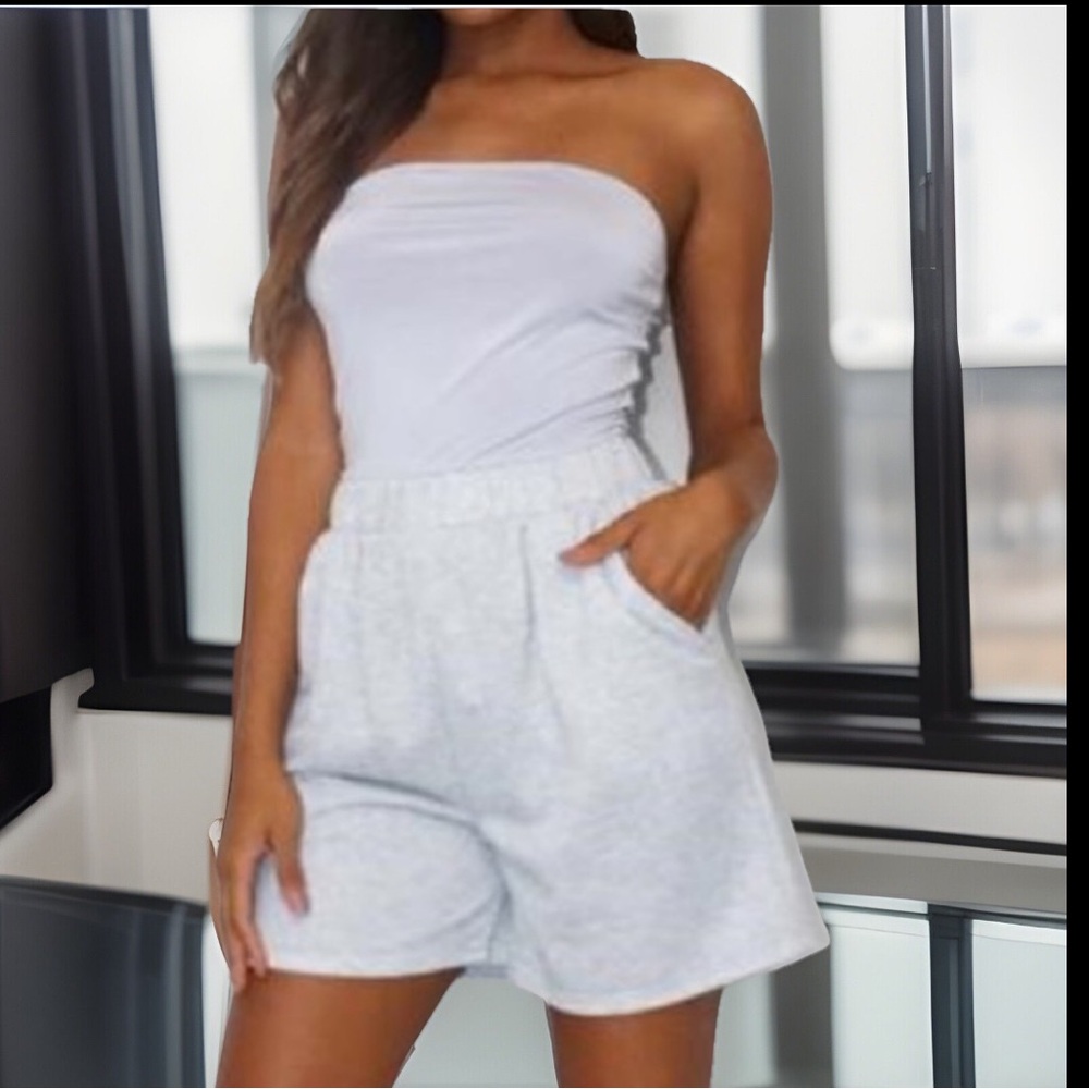 Light Grey Bandeau Stripless Top W/Jogger Side Pockets Shorts Romper/ 1Pc NWT